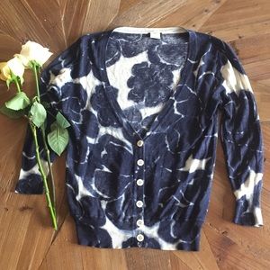 J.crew navy print silk linen cardigan v neck xs